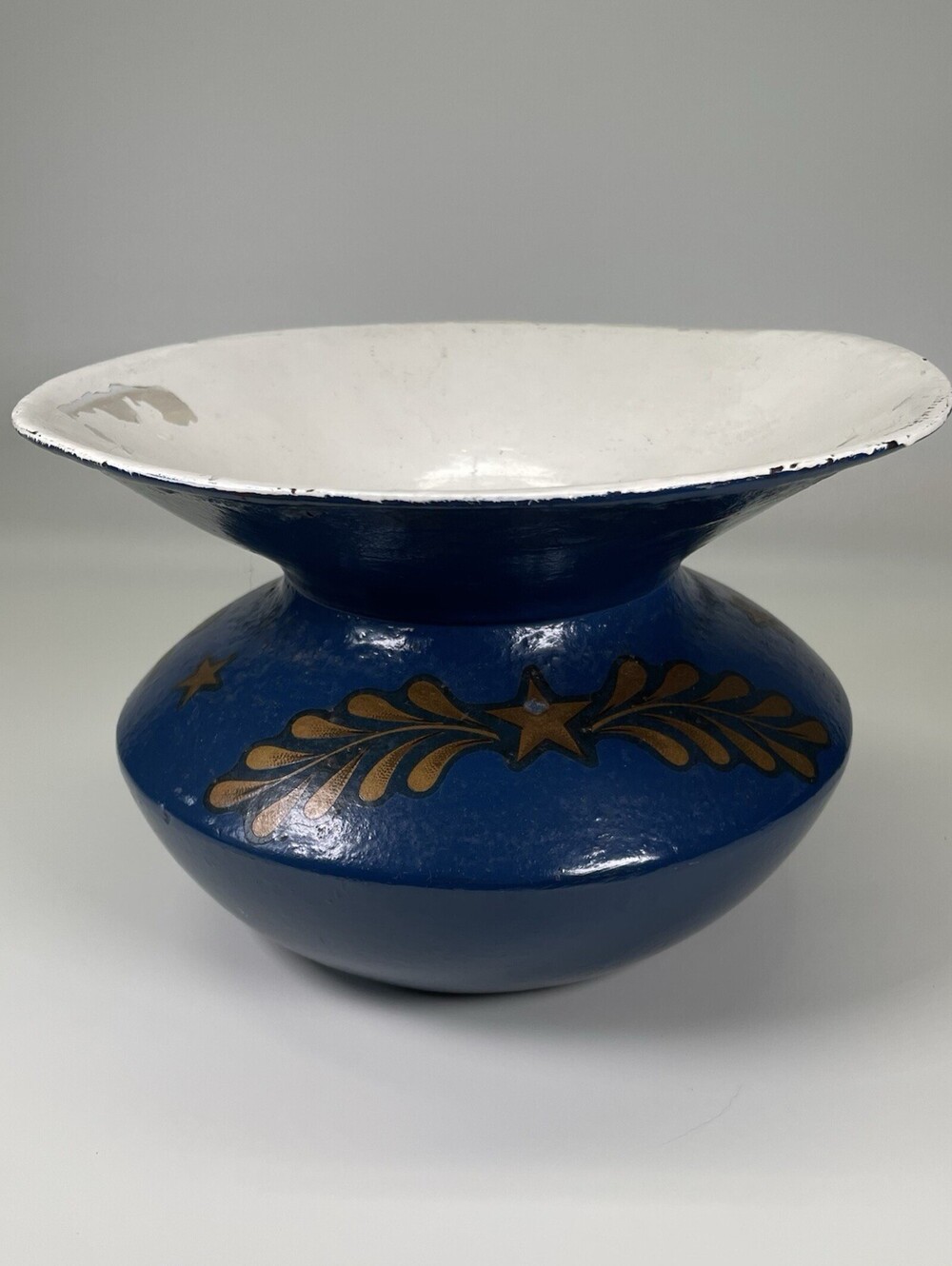 Vintage Antique Cast Iron Enamel Spittoon Cuspidor Blue Gold Star Americana